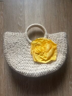 Straw Tote with Yellow Flower Accent